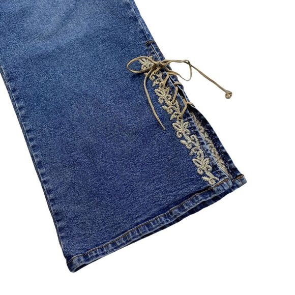 Vintage 80s 90s Boho Super High Rise Embroidered Leather Laces Hem Jeans Sz 22 - Picture 4 of 12